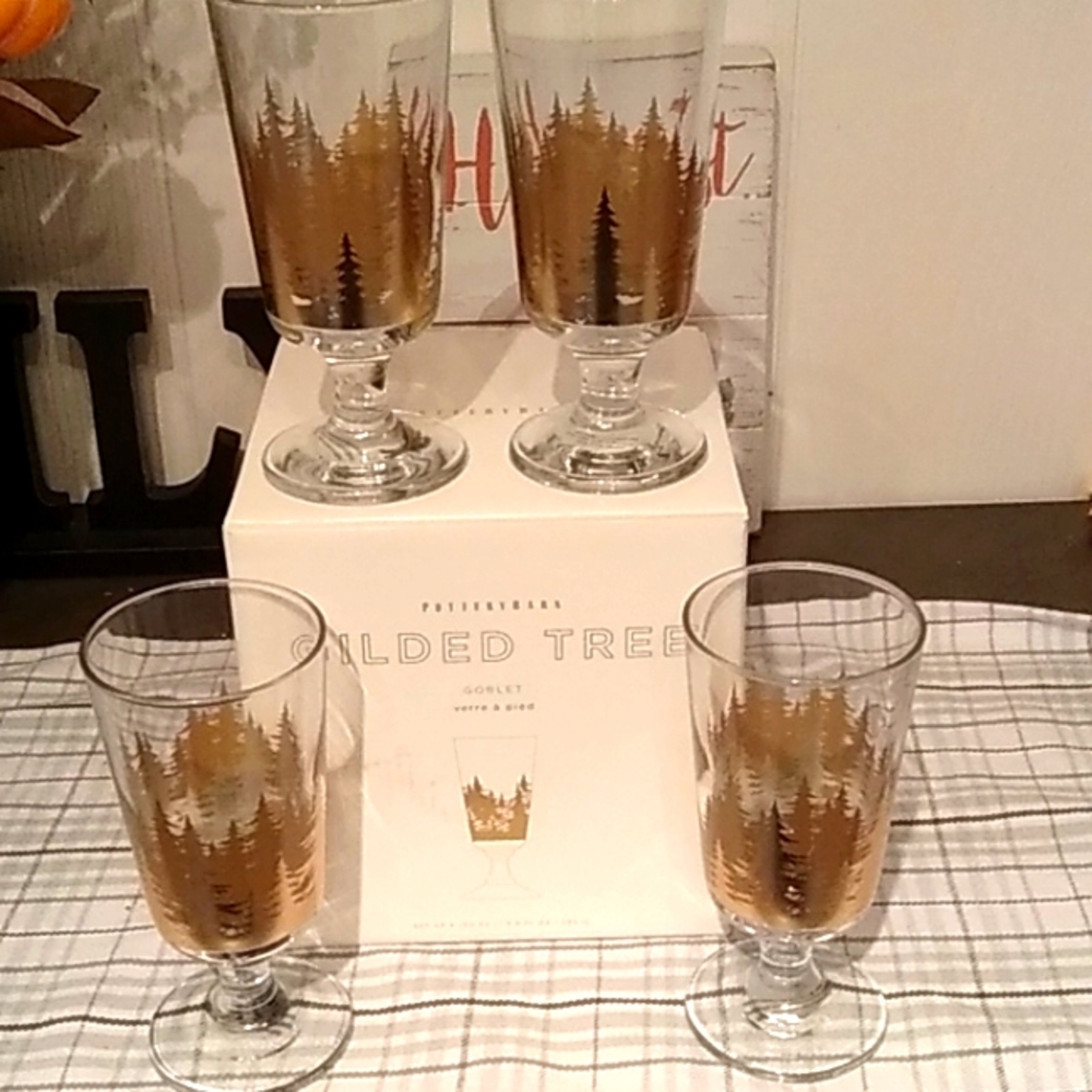 Pottery Barn Gilded tree stemware goblets glasses Christmas trees gold set of 4